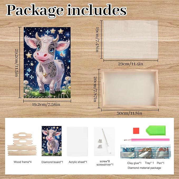 DIY Diamond Art Tray with Handle Diamond Art Painting Plate Creative Design Handmade Wooden Tray Mosaic Making Kits by Number Kits Diamond Art for Coffee Living Room Home Organizer (Milk Cow)