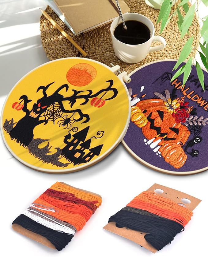 TINDTOP Halloween Embroidery Kit for Adult, Embroidery Kit Include Embroidery Cloth Hoops Threads for Craft Lover Hand Stitch with Embroidery Skill Techniques