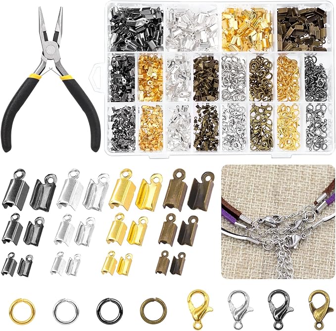 Rustark 1521Pcs Fold Over Cord End Jewelry Findings Kit with Open Jump Rings Lobster Claw Clasps Pliers Tool Assortment for DIY Jewelry Making