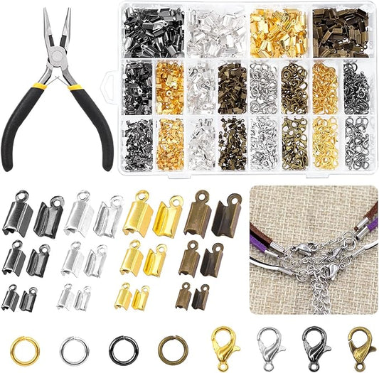 Rustark 1521Pcs Fold Over Cord End Jewelry Findings Kit with Open Jump Rings Lobster Claw Clasps Pliers Tool Assortment for DIY Jewelry Making