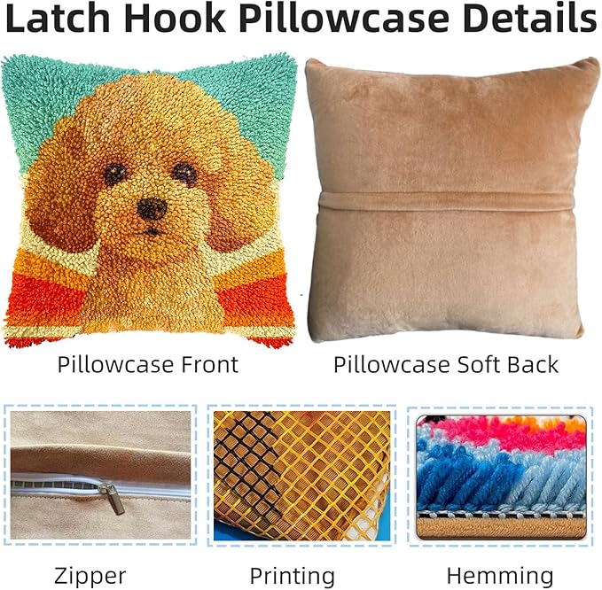 DIY Latch Hook Pillow Kits for Adults Cartoon Cute Poodle Dog Printed Pillowcase Crochet Yarns Hooking Handmade Pillow Cover Cushion for Home Sofa Decor 17x17inch(14)