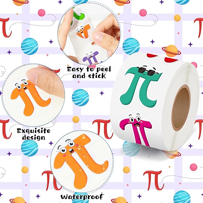 beyumi pi day sticker roll - 1000pcs cute pi day math themed stickers in 2 rolls waterproof vinyl cute π math symbol with funny expression decals for gifts party favor envelopes bottle decor for kids