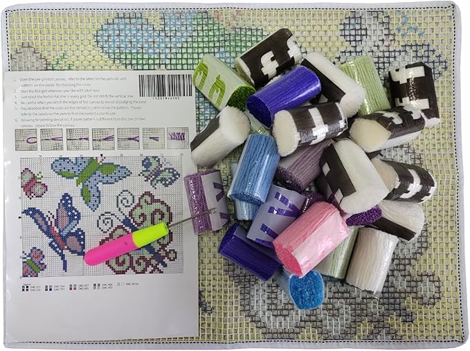 MIAOLLUN Latch Hook Kit, Hook Carpet Set with Pattern Printed, Butterfly DIY Crochet Yarn Rug Embroidery Shaggy 20.4X15inch/52X38CM