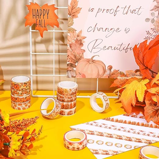 Whaline 12 Rolls Fall Floral Washi Tape Watercolor Pumpkin Maple Leaves Washi Tape Autumn Decorative Masking Tape for Thanksgiving Harvest Scrapbook Journal DIY Art Craft Gift Wrapping