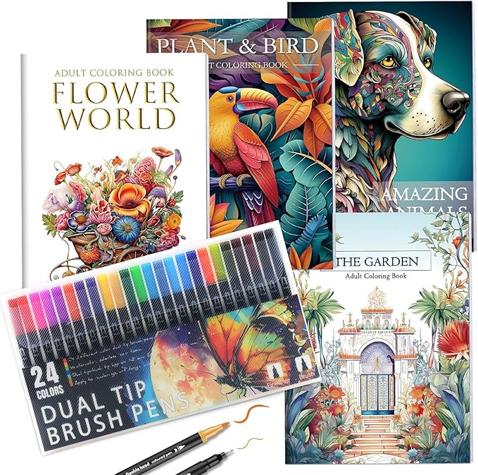 Coloring Book for Adults Relaxation, Mindfulness Coloring Book for Women with 24 Dual Tip Markers, Anxiety Relief Gifts for Women with 128 Patterns Include Plants Animals Flowers Garden Style (4 Pack)