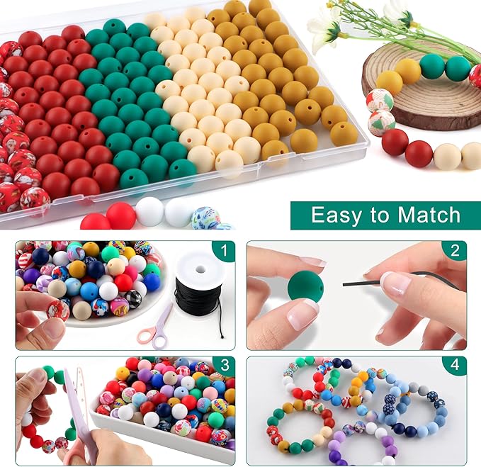 150Pcs Mixed Color 15mm Silicone Beads for Keychain Making, Mustard Red Christmas Print Silicone Beads for Pens and Bracelet Jewelry Making