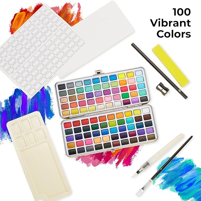 Watercolor Paint Set - 100 Colors with Metallic, Macaron & Fluorescent Shades - Washable, Non-Toxic Portable Paint Kit with Water Brush, Palette & Case - Painting Supplies for Beginner & Professionals