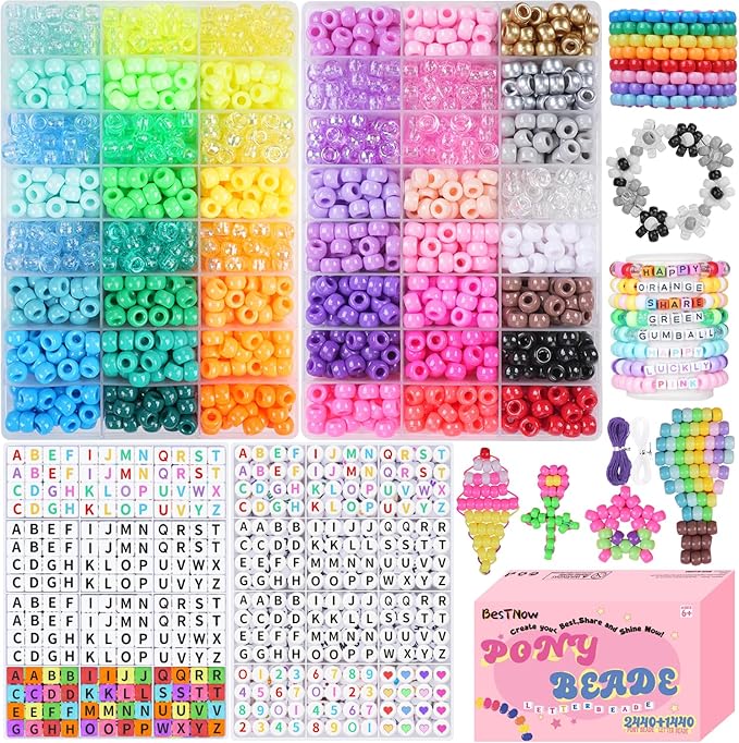 BestNow Bracelet Making Kit with Pony Beads, 48 Colors Kandi Beads 4000PCS, Letter Beads Jewelry Supplies for DIY Friendship Bracelets & Necklaces, Arts and Crafts Gift for Kids, Teens & Adults