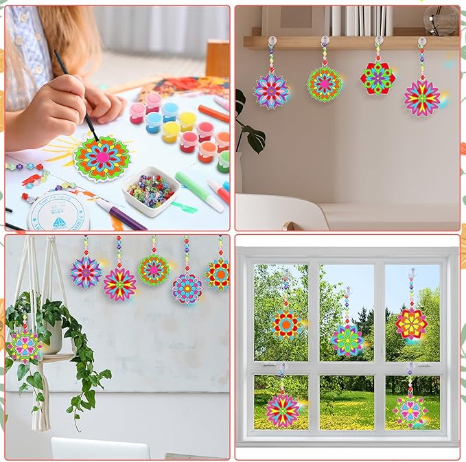 Sonwyoung 30 Sets Spring Mandala Suncatchers Craft Kits Easter Holi DIY Glow in The Dark Stained Glass Kit Paint Your Own Window Ornaments Art for Holiday Parties Home Decor and Creative Activities