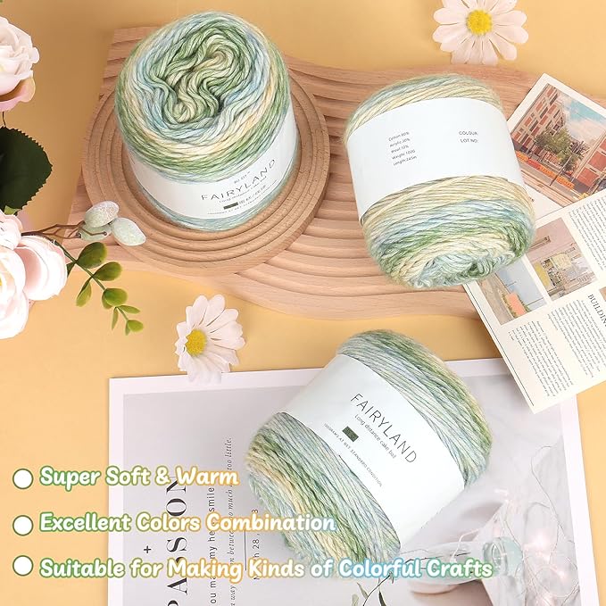 Aeelike Cake Yarn for Crocheting, 3 Skeins Gradient Cake Yarn 100g (3.52 oz) 245m (267 Yards), Super Soft Ombré Yarns Cake Rainbow Cotton Yarn for Making Colorful Crafts, Green Gradient