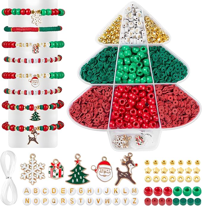Taybonds Christmas Bracelet Making Kit, Christmas Beads for Bracelets and Jewelry Making, Xmas Bead Kit with Red Green Pony Beads, Clay, Letter Beads and Charms,Holiday DIY Friendship Gifts