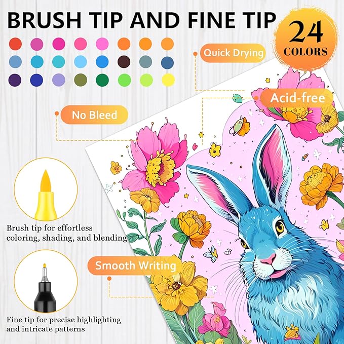 Coloring Book for Adults Relaxation, Mindfulness Coloring Book for Women with 24 Dual Tip Markers, Anxiety Relief Gifts for Women with 128 Patterns Include Plants Animals Flowers Garden Style (4 Pack)