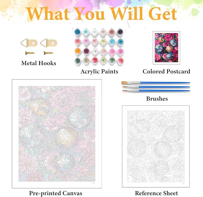 Okarina Paint by Numbers Kit for Adults Beginner Disco Ball, Adult Paint by Number Kits on Canvas, Flower DIY Acrylic Oil Painting by Numbers for Adults, Perfect for Home Wall Decor 16X20 Inch
