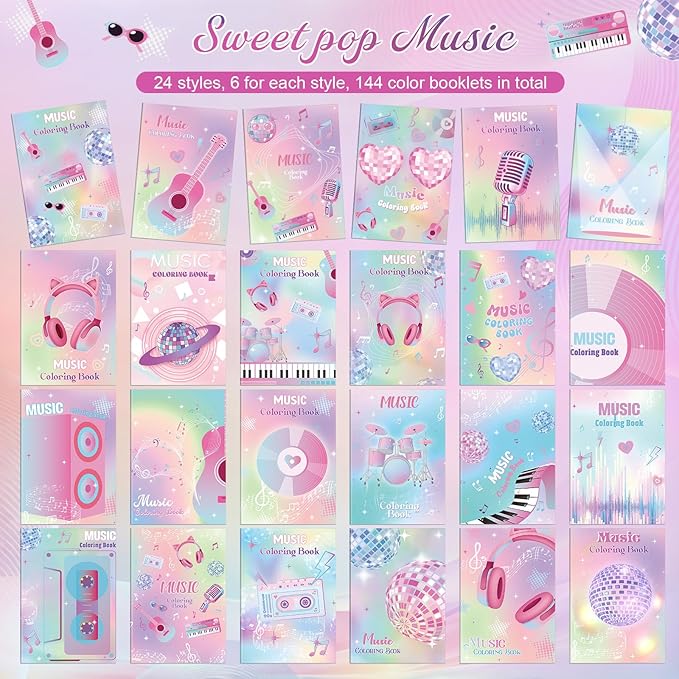 Liliful 144 Pcs Sweet Pop Music Coloring Book Bulk Music-Inspired Mini Coloring Books, Ideal for Leisure Relaxation, Party Favors & Music Enthusiast Gifts