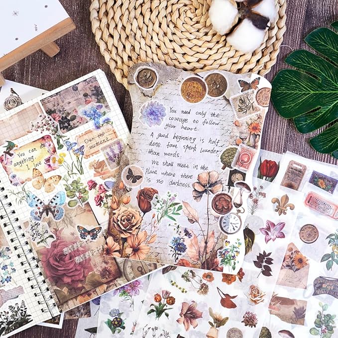 347Pcs Journaling Stickers and 20 Sheets Scrapbook Paper, Vintage Scrapbooking Kit, Plant Flower Butterfly Background Ephemera for Junk Journal Supplies, Planners, Bujo, Collage Art