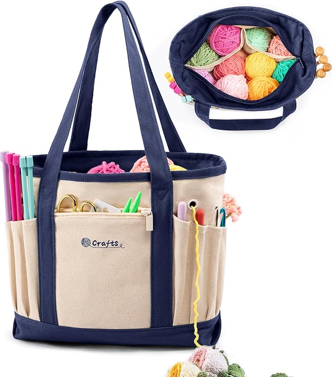Canvas Yarn Storage Organizer Bag Washable Crochet Bag with Pockets for Yarn, Hooks, Needles – Travel Knitting Tote for Crafters – Gift for Crocheters & Knitters (Medium/Large)