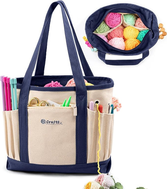 Canvas Yarn Storage Organizer Bag Washable Crochet Bag with Pockets for Yarn, Hooks, Needles – Travel Knitting Tote for Crafters – Gift for Crocheters & Knitters (Medium/Large)