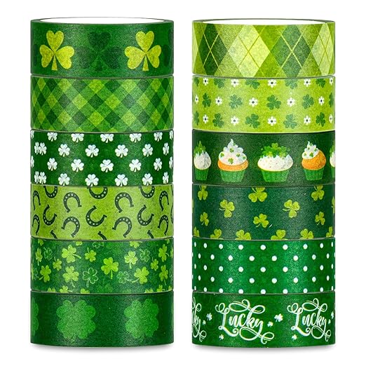 Whaline 12 Rolls St. Patrick's Day Washi Tape Green Shamrock Washi Masking Tapes 15mm Clover Plaids Lucky Holiday Paper Tape Sticker for Irish Party Scrapbook Gift Packing DIY Craft Decor, 16.4Ft