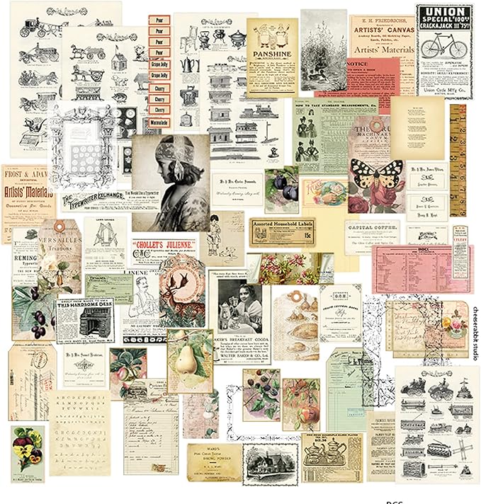 CATaireen Vintage Junk-Journal Mixed Paper Scrapbooking Embellishments Set Retro Journaling Decoupage Stickers Textured Packaging Decorative Cards Tags Kit (Old Photos 1)