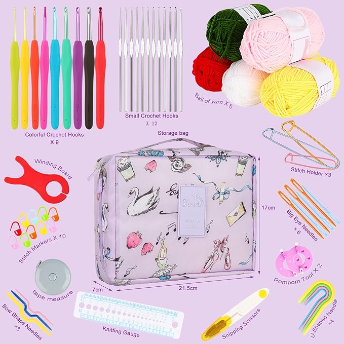 aeelike beginner crochet kit, 59pcs crochet starter kit for adults and kids, basic crochet & knitting supplies kit for beginners,travel crochet kit small with purple storage bag