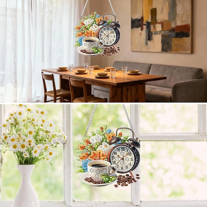 MXJSUA Coffee Floral Clock Diamond Painting Art Window Suncatchers, Diamond Art Kits for Adults Hanging Ornaments with Chain, 5D Special Shape Crystal Diamond Pendant Accessories for Decor Gift