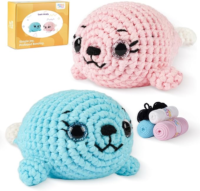 MOREJMTT Crochet Kit for Beginners, Learn to Crochet, Include Easy Knitting Soft Yarn, Step-by-Step Video Tutorial, Hook, Holiday Birthday Gift for Adults (Pink Seal& Blue Seal)