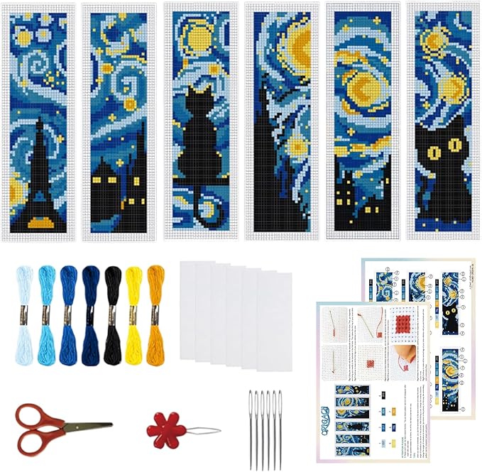 ORIGACH 6 Set Starry Night and Black Cat Cross Stitch Bookmark Kit for Beginner with Backing Felt Floss Instructions DIY Stamped Embroidery Bookmark Kit for Adults, Book Lovers