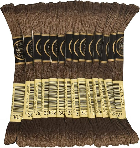 LE PAON Embroidery Floss, 14-Pack Six Strands 100% Long Staple Cotton Embroidery Thread, 8.7-Yard，Color Number：3021,Dark Brown Grey