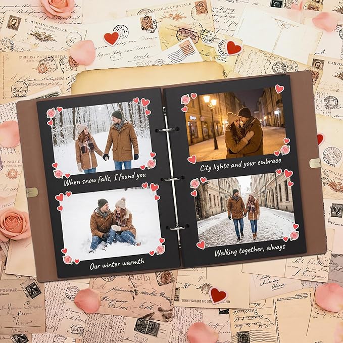 Vienrose Photo Album Scrapbook Kit, 3 Ring Faux Leather Cover DIY Memory Book Kraft Paper with 50 Sheets 100 Pages, Vintage Scrapbooking Supplies Set for Wedding, Anniversary, Valentine Gifts, Black