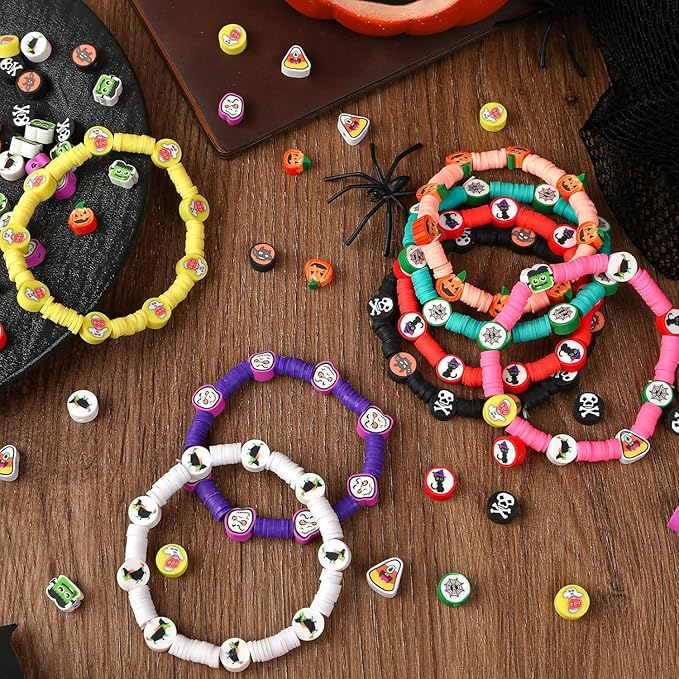 Augshy Halloween Polymer Clay Beads - 300PCS Assorted Pumpkin Ghost Skeletons Spider Bat Clay Beads for Bracelet Necklace Jewelry Making