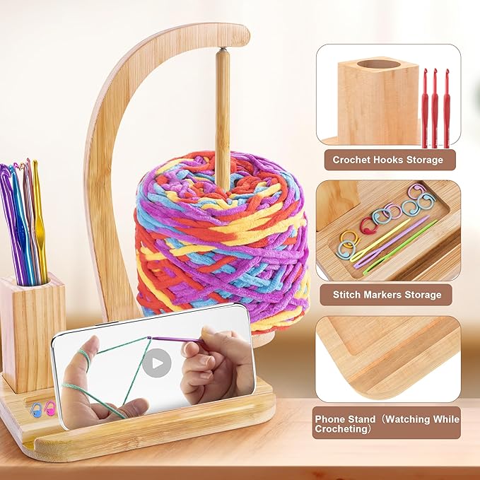 Upgraded Yarn Holder for Crocheting and Knitting,Wooden Crochet Yarn Holder Magnetic Yarn Spinner with Crochet Accessories Storage and Phone Stand,Yarn Ball Holder Crochet Gift for Knitting Lovers