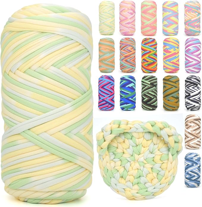 Tshirt Yarn for Crocheting,Rainbow T Shirt Chunky Elastic Fabric Thick T-Shirt Crochet Yarn for Beginners Crocheting Hand Knitting Bag/Basket/Coasters/DIY Crafts/Home Decor 200G-Green Yellow