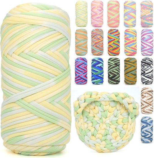Tshirt Yarn for Crocheting,Rainbow T Shirt Chunky Elastic Fabric Thick T-Shirt Crochet Yarn for Beginners Crocheting Hand Knitting Bag/Basket/Coasters/DIY Crafts/Home Decor 200G-Green Yellow