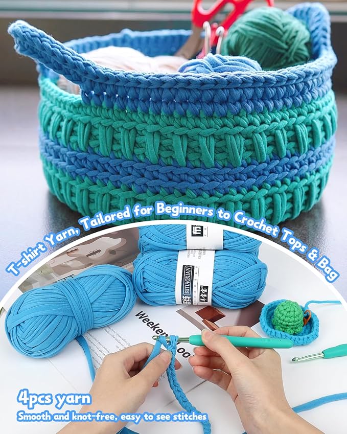 Katech 400g T-Shirt Yarn Set, 130 yds Elastic Fabric Yarn for Knitting Bag & Blanket Cushion Crocheting Projects, Spaghetti Yarn for DIY Knitting Handmade Decor w/ 2pcs Crochet Hooks (Blue)