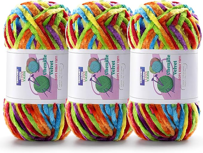 3 Skeins Velvet Chunky Yarn, Chenille Yarn for Crocheting and Hand Knitting, Blanket Yarns for Making Scarves and Knitting Projects - Amigurumi Crochet Yarn (3×3.5oz, 3×87.5yds)