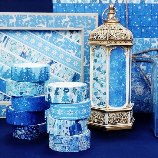 YUBBAEX 10 Rolls Four Seasons Washi Tape Set Blue Snowflake Masking Decorative Tapes (Winter)
