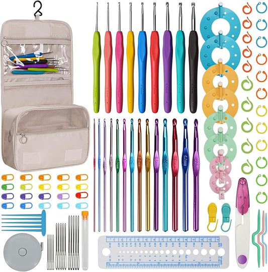 RealPlus 108PCS Crochet Kit for Beginners, 14 Sizes Crochet Hooks, Crochet Hook Set with Ergonomic Soft Handle, Gift for Women, Crochet Tool with Storage Bag