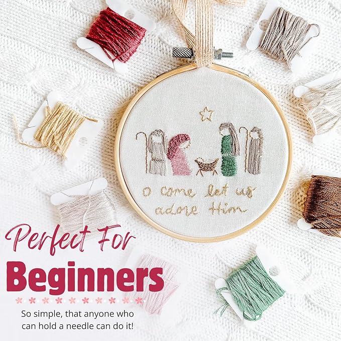elly & grace christian embroidery kit with embroidery hoop, easy embroidery kit for beginners and adults, full embroidery hoop kit with needles and thread included (silent night)
