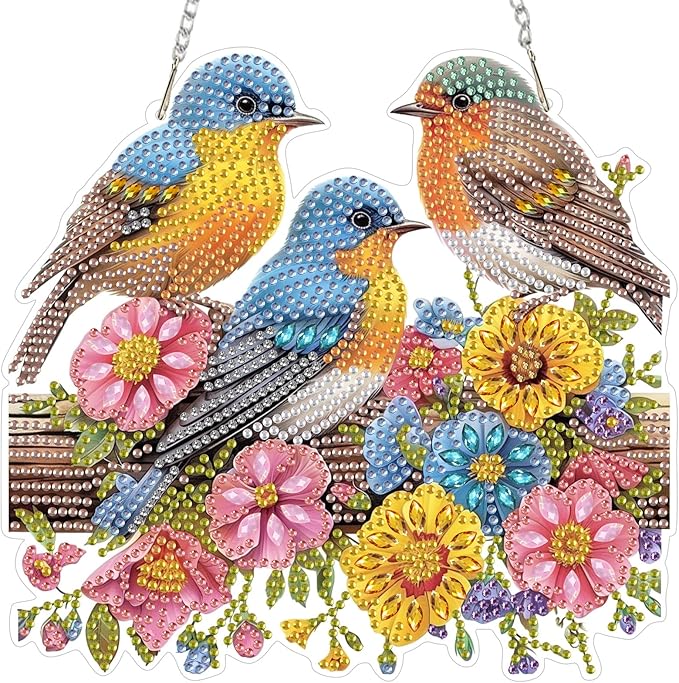 Hanging Diamond Art Kit for Adult, Nature Birds, 5D Special Shaped Rhinestone Diamond Painting Ornament, Bird and Flowers, DIY Acrylic Diamond Art Painting Window Pendants Home Garden Wall Decor