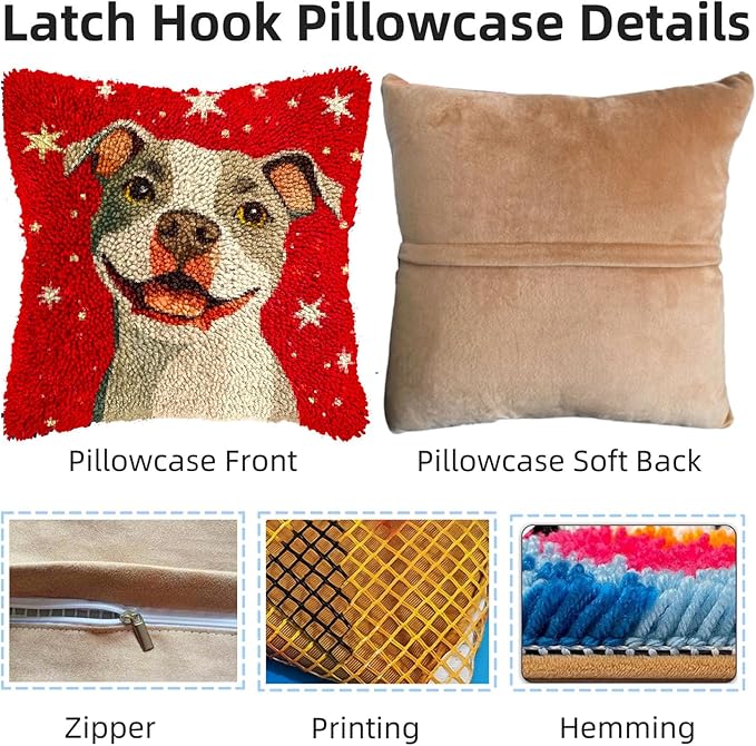 DIY Latch Hook Pillow Kits for Adults Merry Christmas Pitbull Dog Pillow Cover Printed Pillowcase Crochet Yarns Hooking Handmade Cushion for Home Sofa Decoration 17x17inch(1)