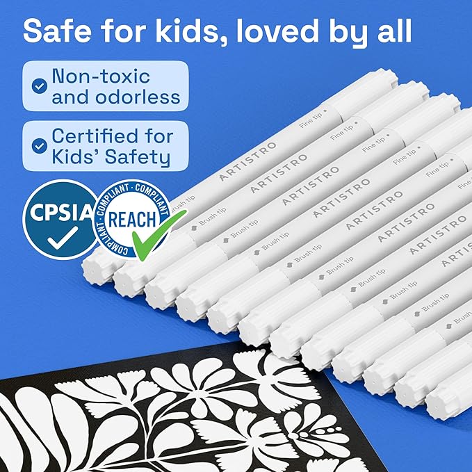 ARTISTRO 12 White Acrylic Paint Markers - Paint Pens for Drawing, Brush + Fine Tips - For Fabric, Rock, Glass, Wood, DIY, Eggs - Art & Craft Supplies for Adults, Teens, Kids - Easter Basket Stuffers