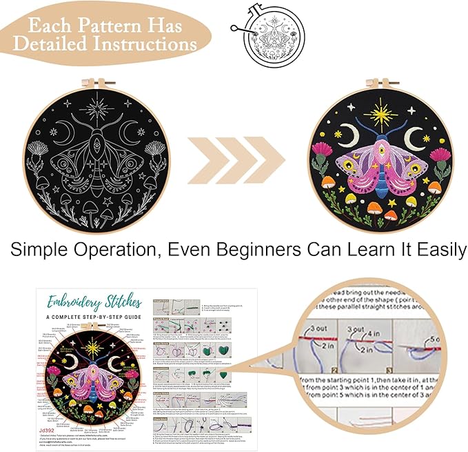 Nuberlic 3 Pack Embroidery Kit for Adults Beginners, Stamped Cross Stitch Moth and Bee Patterns with Hoop, Thread, Needles & Step-by-Step Guide Easy DIY Starter Kit