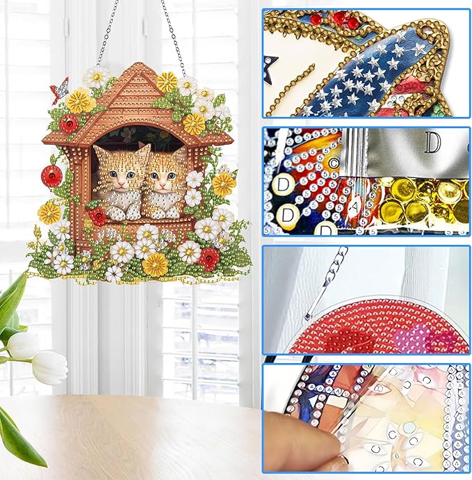 Reofrey Hanging Diamond Art Kits for Adults– 8x8Inch Cats Hanging Ornament Acrylic Board Double Sided Pattern Crystal Diamond Art Suncatcher Pendant, for Home Wall Window Decoration Handmade Gift
