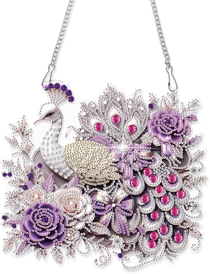 AiYuanzsh Luxury Peacock Special Shape Diamond Painting Hanging Ornament Kit for Adults, 5D Crystal Rhinestone Diamond Art Suncatcher with Floral Design for Window Wall Home Decor