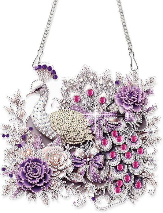 AiYuanzsh Luxury Peacock Special Shape Diamond Painting Hanging Ornament Kit for Adults, 5D Crystal Rhinestone Diamond Art Suncatcher with Floral Design for Window Wall Home Decor