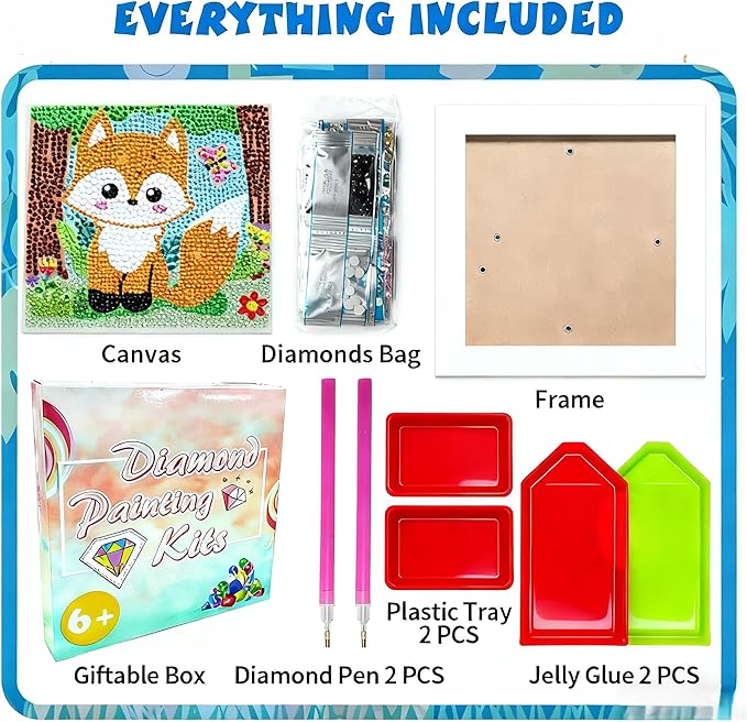 QEUOYSS Diamond Art Kit for Kids with Wooden Frame Art and Crafts for Kids Ages 6-8 -10-12 Easy to DIY Diamond Art for Kid and Adult Beginners Home Wall Decoration (foxa)