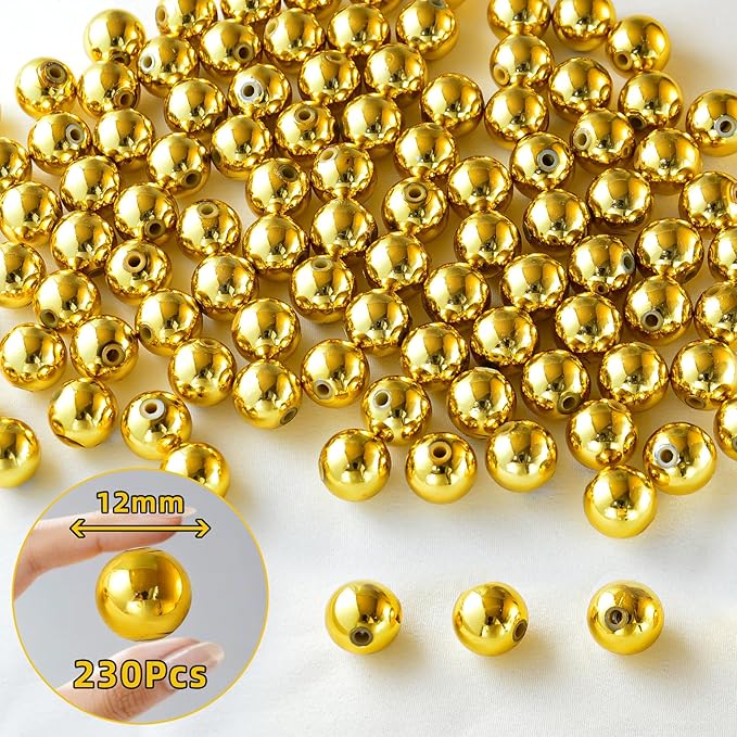 Laopottbeads 230 Pcs Gold 12MM Beads for Jewelry Making Round Beads DIY Kit for Bracelets, Earrings, Necklaces & Anklets