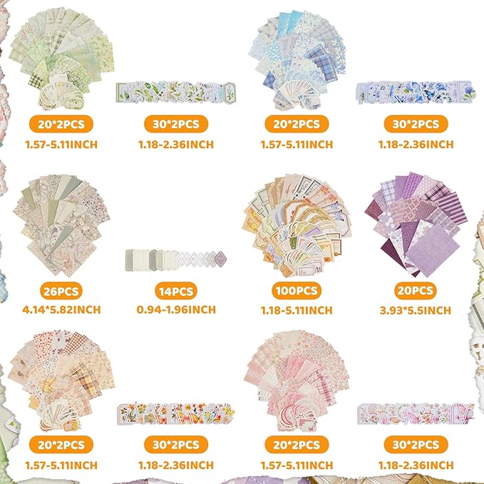 560 Sheets Floral Scrapbook Paper with Stickers Assorted Set, 7 Colors Scrapbooking Paper Vintage Scrapbook Supplies Kit Craft Decorative Papers for DIY Scrapbooks Junk Journals Planner Crafts