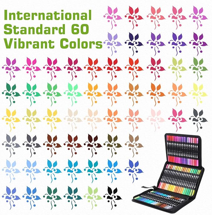 60 Colors Brush & Fine Dual Tip Watercolor Markers for Adult Coloring Books No Bleeding Professional Paint Pens For Drawing Note taking Planner Calligraphy Journaling Card Making Art Supplies