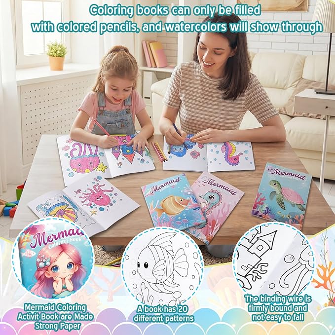 Liliful 144 Pcs Mermaid Coloring Book Bulk Mini Mermaid Theme Drawing Book with Sea Creature Shell Patterns Ocean Party Favors Goodie Bag Filler and Holiday Gifts